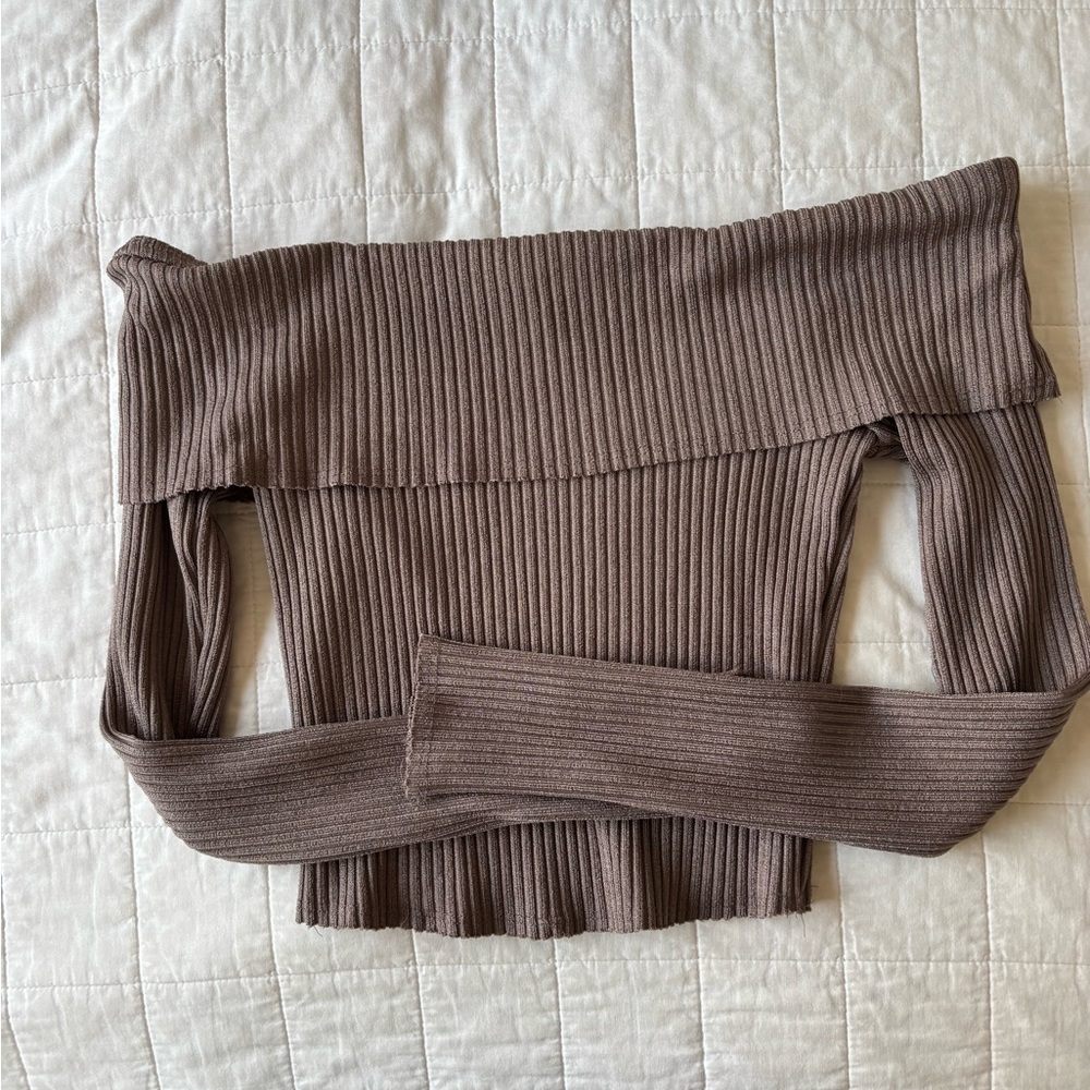 wild fable Ribbed Off-Shoulder Sweater Top in Taupe